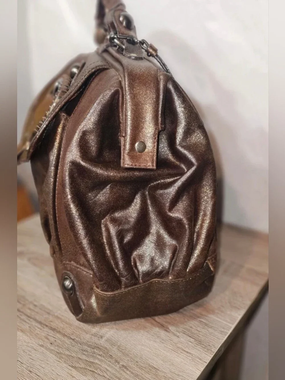 Rare HYPE Metallic Costa del Sol Bronze Leather Satchel Shoulder Handbag